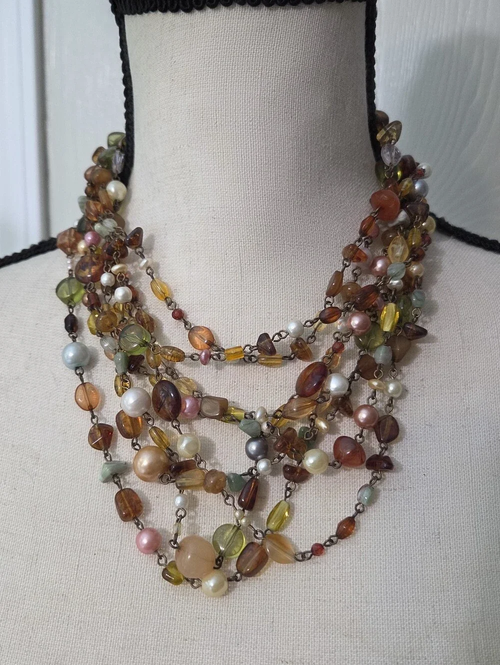 multi stranded beaded faux pearl statement necklace amber green white pink 16in